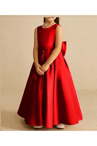 MadyaButik Girls Kids A-Line Pleated Plain Satin Long Dress Graduation Birthday Prom Dress