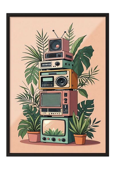 Postifull Black Framed Painting, Radios, Illustration, Maximalist, Green Color Poster, 2025 Summer Selection, No:1
