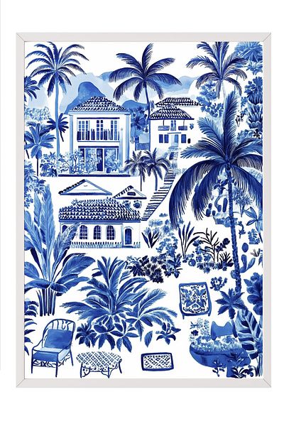 Postifull White Framed Painting, House, Palm Trees, Plants, Watercolor, Illustration, Blue, White Color Post