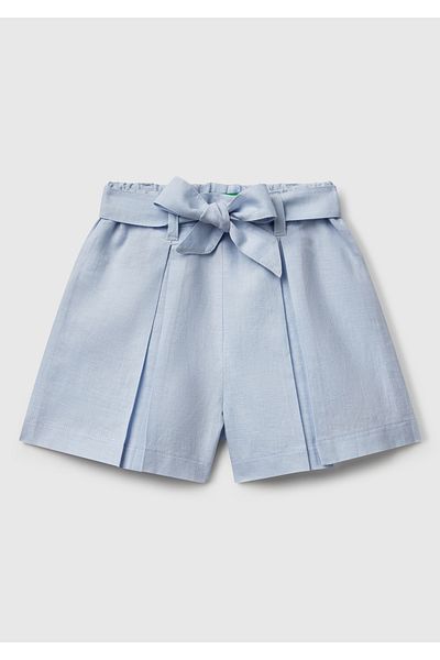 United Colors of Benetton Girl's Dust Blue Linen Blend Pleated Bermuda Shorts with Elastic Waist and Belt