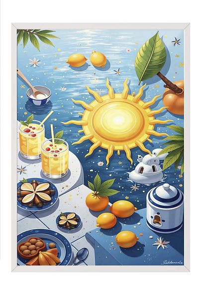 Postifull White Framed Painting, Summer Fruits, Illustration, Maximalist, Yellow Color Poster, 2025 Summer Selection,