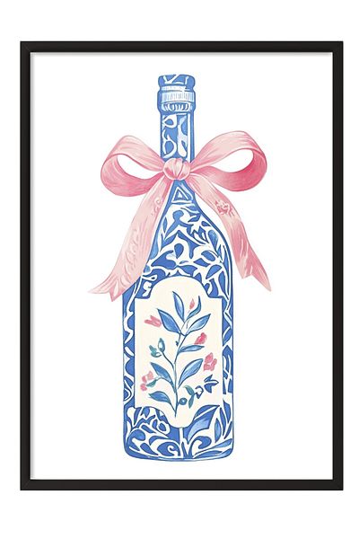 Postifull Black Framed Painting, Bottle, Ribbon, Floral, Illustration, Weird, Blue, Pink Color Poster, 2025 Ya