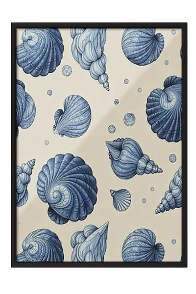 Postifull Black Framed Poster, Seashells, Illustration, Blue Color Poster, 2025 Summer Selection, No:109692