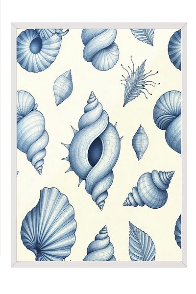 Postifull White Framed Poster, Seashells, Illustration, Blue Color Poster, 2025 Summer Selection, No:109686