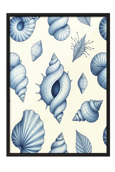Postifull Black Framed Poster, Seashells, Illustration, Blue Color Poster, 2025 Summer Selection, No:109686