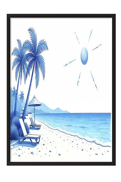Postifull Black Framed Poster, Sunbathing Pleasure, Illustration, Blue Color Poster, 2025 Summer Selection, No:10968