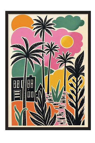 Postifull Tablou cu cadru negru, tropical colorat, ilustrație, maximalist, poster colorat, vara 2025