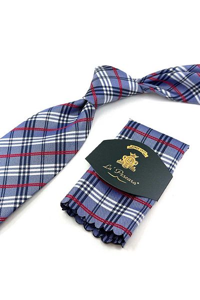 Kravatkolik Classic Tie with Blue Plaid Pattern Handkerchief Kk13196