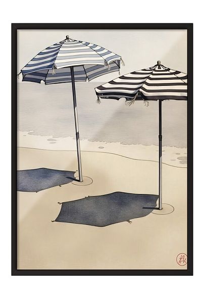 Postifull Poster cu cadru negru, umbrelă pe plajă, ilustrație, poster de culoare albastră, selecție de vară 2025, NR:109695