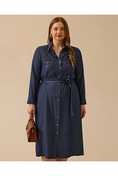 Gala-Xi Büyük Beden Kuşaklı Jean Elbise