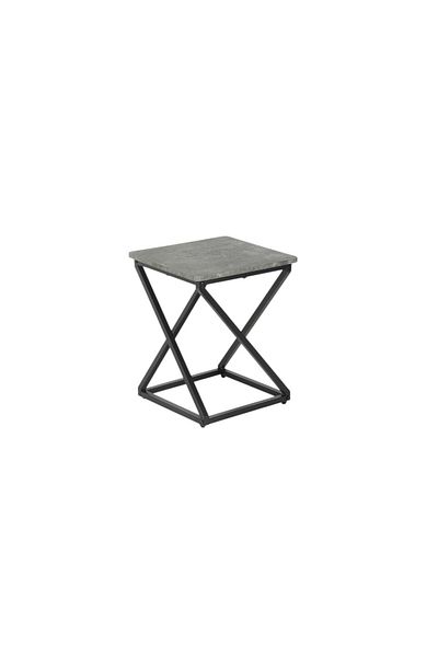mr-everything A modern square serving table featuring a concrete-like grey top and a crossed black metal base.