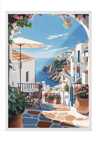 Postifull White Framed Painting, Terrace, Ocean, Flowers, Flat Illustration, Modern, Blue, White Color Poster,