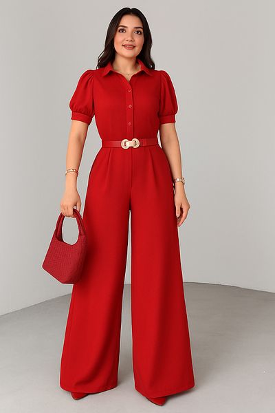 Neşeli Butik Women Shirt Collar Belt Wide Leg Jumpsuit Nbk4197