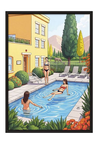 Postifull Pictură cu cadru negru, petrecere la piscină, ilustrație, maximalist, poster de culoare albastră, selecție de vară 2025,