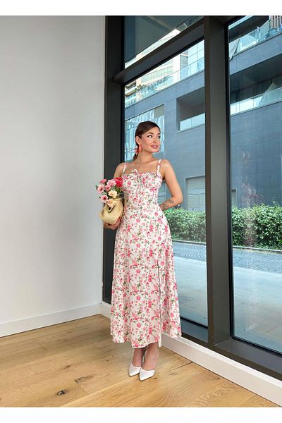 modaçelikler Strappy Bust Gathered Yuflin Ecru Women's Floral Dress 25Y339