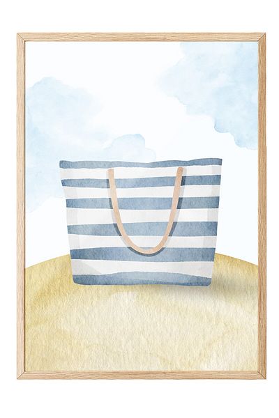 Postifull Wooden Framed Painting, Bag, Watercolor, Minimalist, Blue, Beige Color Poster, 2025 Summer Selection, No:109