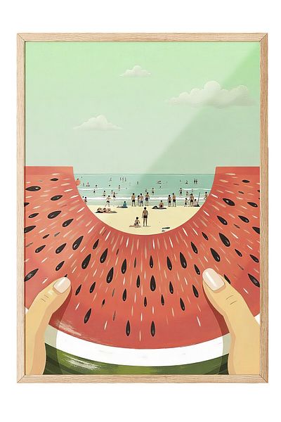 Postifull Wooden Framed Poster, Watermelon Slice on the Beach, Illustration, Yellow Color Poster, 2025 Summer Selection, No:1
