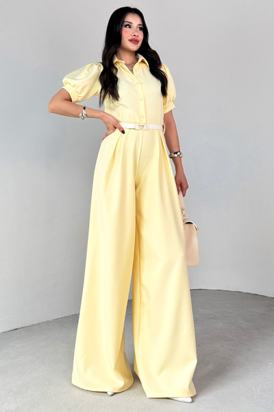Neşeli Butik Women Shirt Collar Belt Wide Leg Jumpsuit Nbk4197