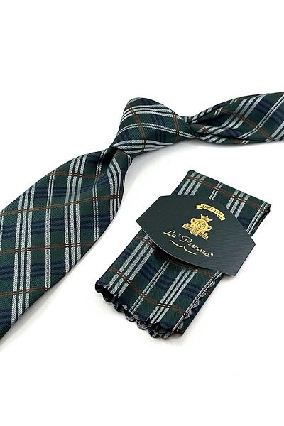 Kravatkolik Green Plaid Pattern Classic Tie with Handkerchief Kk13198