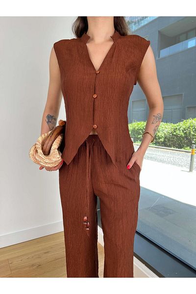 modaçelikler V-Neck Button Blouse Loose Leg Waist Tie Pants Felina Coffee Women's Set 25Y439