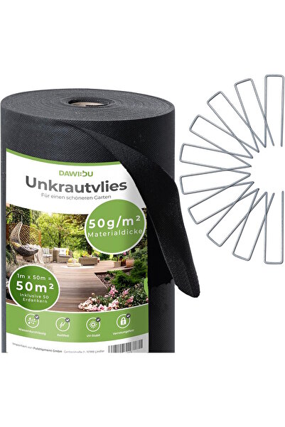 DAWIDU Material textil pentru controlul buruienilor 1x50m, 50gsm, negru, rezistent la UV, cu 50 de țăruși galvanizați pentru pământ