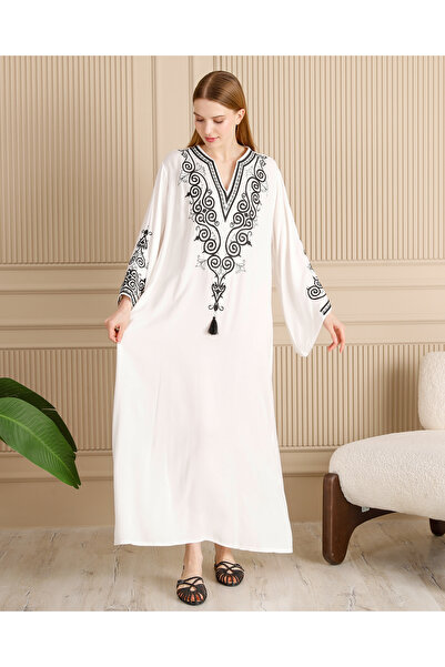 EL jadida Γυναικείο Κέντημα Μακρύ Φόρεμα Βισκόζης Λευκό Μαύρο