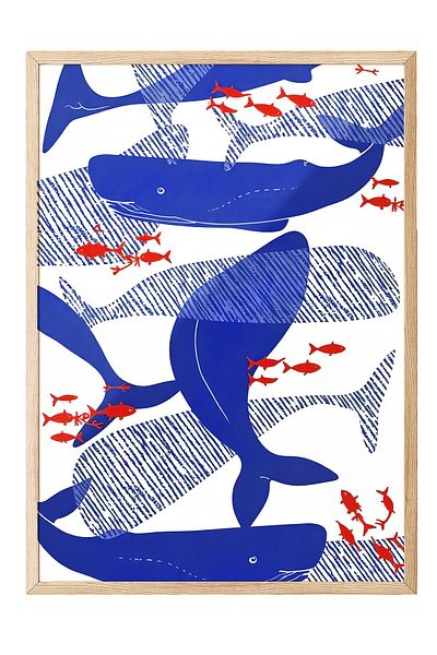 Postifull Wooden Framed Poster, Blue Whales, Illustration, Blue Color Poster, 2025 Summer Selection, No:109526