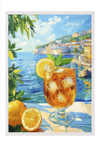 Postifull White Framed Painting, Glass, Lemon, Sea, Impressionist, Acrylic Painting, Blue, Yellow Color Poster, 2025