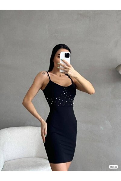 Modafeminen Thin Strap Pearl Detail Mini Dress Black 582556