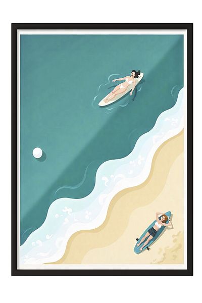 Postifull Black Framed Painting, Women Sunbathing, Illustration, Maximalist, Blue Color Poster, 2025 Summer S