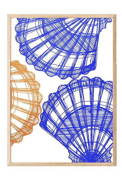 Postifull Wooden Framed Painting, Shell, Pattern, Illustration, Blue, Orange Color Poster, 2025 Summer Selection, No:1