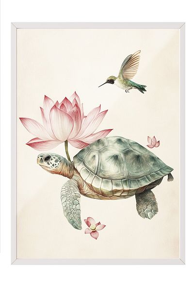 Postifull White Framed Painting, Turtle, Hummingbird, Lotus, Illustration, Pastel Tones Color Poster, 2025