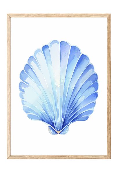 Postifull Wooden Framed Painting, Seashell, Watercolor, Blue, White Color Poster, 2025 Summer Selection, No:109870