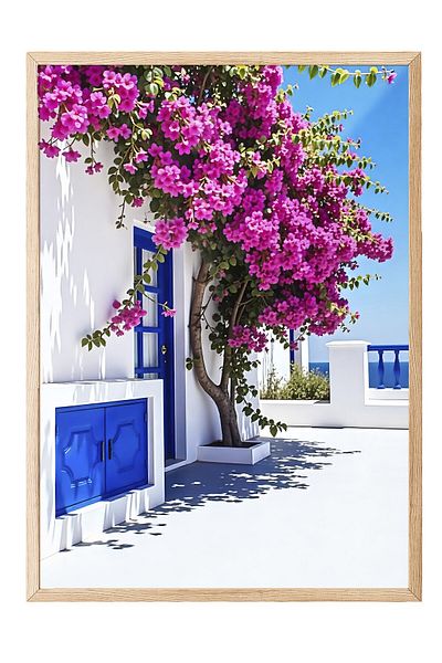 Postifull Wooden Framed Poster, Pink Flowers and House, Photo, Blue Color Poster, Summer Selection of 2025, No:10953