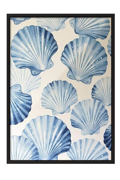 Postifull Black Framed Poster, Seashells, Illustration, Blue Color Poster, 2025 Summer Selection, No:109678