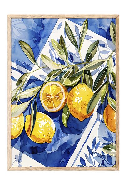 Postifull Wooden Framed Painting, Lemons, Leaves, Background, Watercolor, Illustration, Blue, Yellow Color Poste