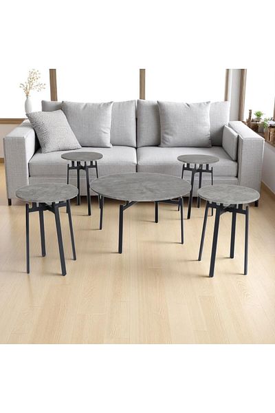 mr-everything This 4-server coffee table set features an attractive, modern design, featuring a concrete-like grey top and a sturdy black metal frame.