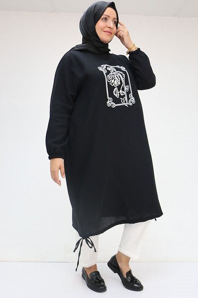 Eslina 58009 Large Size Linen Tunic with Embroidery and Beads on the Front - Black