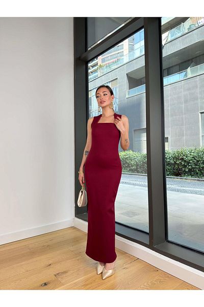 modaçelikler Square Neck Karalde Burgundy Women's Long Dress 25Y440