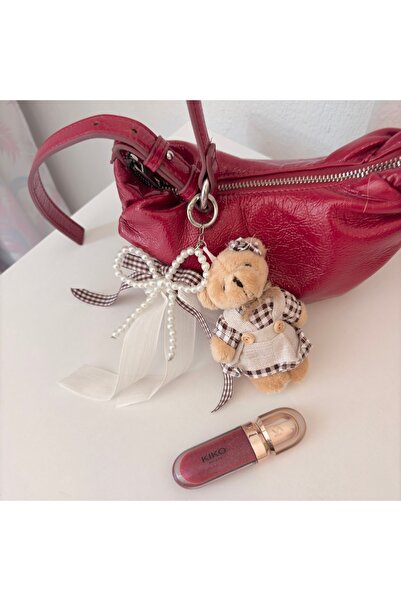 PİNKUE حلية دب وردي عتيقة / سلسلة مفاتيح دمية دب مع فيونكة وزينة للحقيبة