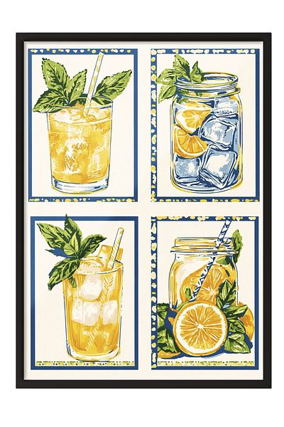 Postifull Black Framed Painting, Glass, Jar, Lemon, Illustration, Retro, Yellow, Blue Color Poster, 2025 Summer Se