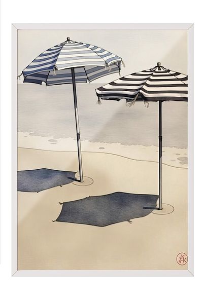 Postifull Poster cu cadru alb, umbrelă pe plajă, ilustrație, poster de culoare albastră, selecție de vară 2025, NR:109695