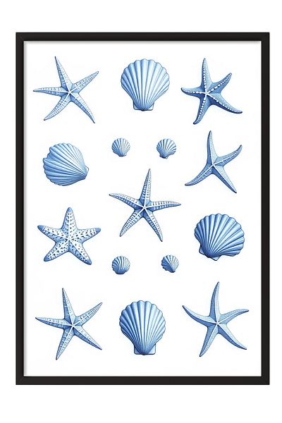 Postifull Black Framed Poster, Seashells and Stars, Illustration, Blue Color Poster, 2025 Summer Seck