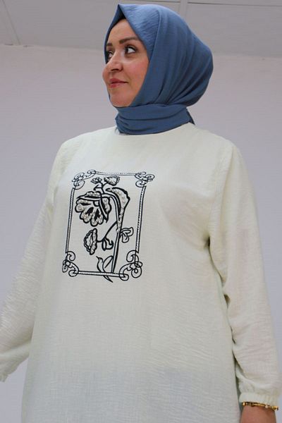 Eslina 58009 Large Size Linen Tunic with Embroidery and Beads on the Front - Ecru
