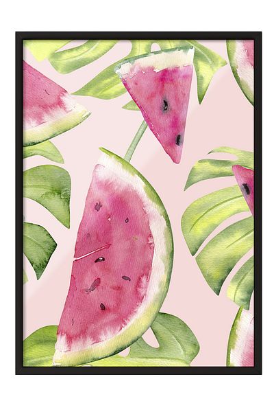 Postifull Black Framed Painting, Watermelon, Leaf, Watercolor, Botanical, Pink, Green Color Poster, 2025 Summer Selection