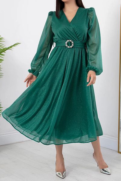 Neşeli Butik Women's Belt and Wadding Detail Glitter Midi Dress Rymy3590