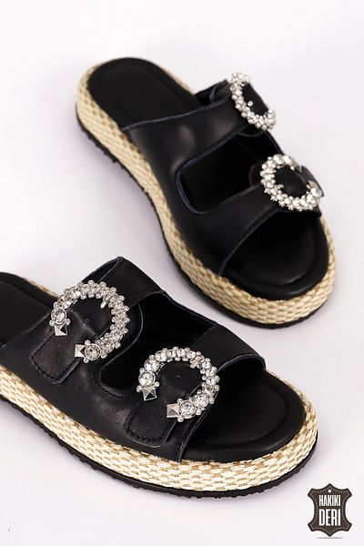 Mamito Ayakkabı H 01 Stone Detailed Straw Sole Slippers