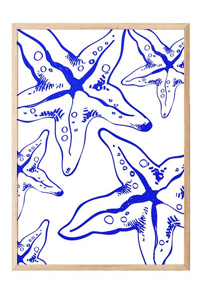 Postifull Wooden Framed Painting, Starfish, Illustration, Blue, White Color Poster, 2025 Summer Selection, No:109