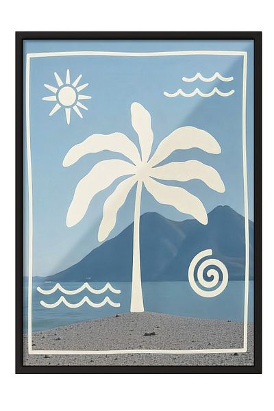 Postifull Black Framed Painting, Palm Trees, Illustration, Maximalist, Blue Color Poster, 2025 Summer Selection