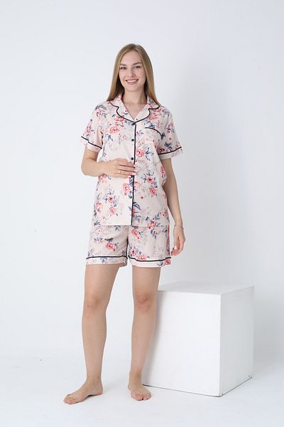 Miss Dünya Lissa Front Buttoned Shirt Collar Printed Short Sleeve Woven Fabric Maternity and Maternity Shorts Pajama Set
